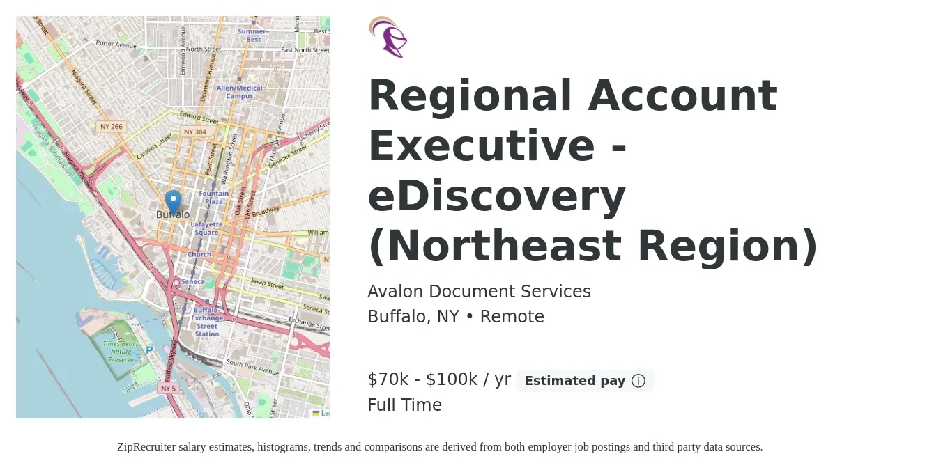 Avalon Document Services job posting for a Regional Account Executive - eDiscovery (Northeast Region) in Buffalo, NY with a salary of $70,000 to $100,000 Yearly with a map of Buffalo location.