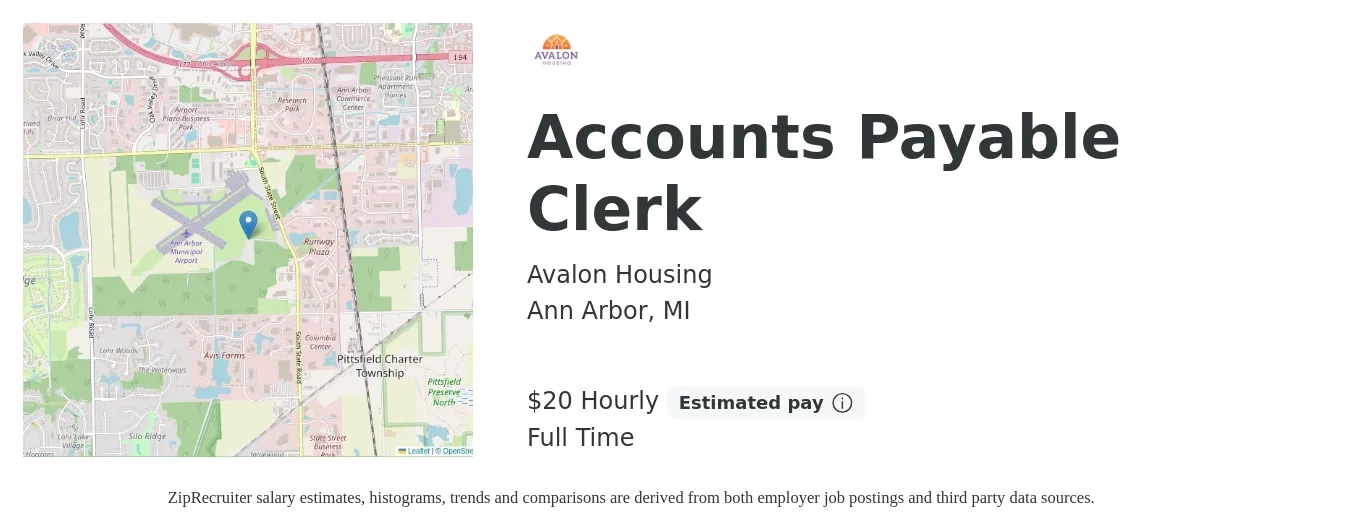 Avalon Housing job posting for a Accounts Payable Clerk in Ann Arbor, MI with a salary of $44,000 Yearly with a map of Ann Arbor location.