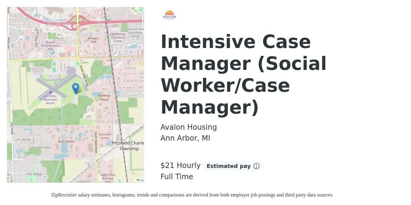 Avalon Housing job posting for a Intensive Case Manager (Social Worker/Case Manager) in Ann Arbor, MI with a salary of $47,500 Yearly with a map of Ann Arbor location.
