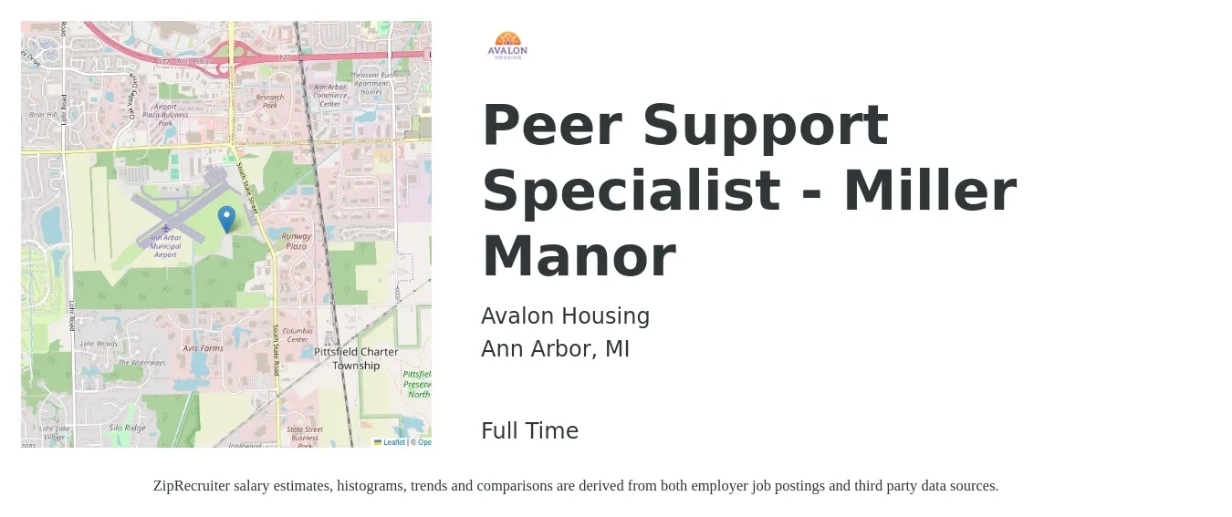 Avalon Housing job posting for a Peer Support Specialist - Miller Manor in Ann Arbor, MI with a salary of $17 to $22 Hourly with a map of Ann Arbor location.