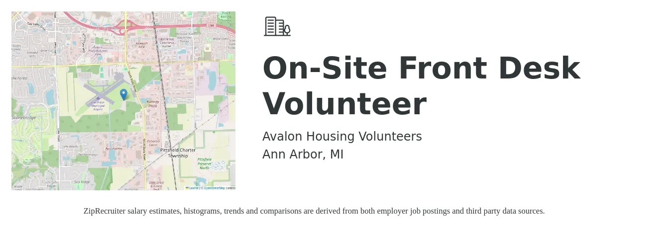 Avalon Housing Volunteers job posting for a On-Site Front Desk Volunteer in Ann Arbor, MI with a salary of $15 to $19 Hourly with a map of Ann Arbor location.