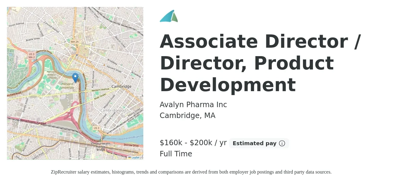 Avalyn Pharma Inc job posting for a Associate Director / Director, Product Development in Cambridge, MA with a salary of $160,000 to $200,000 Yearly with a map of Cambridge location.