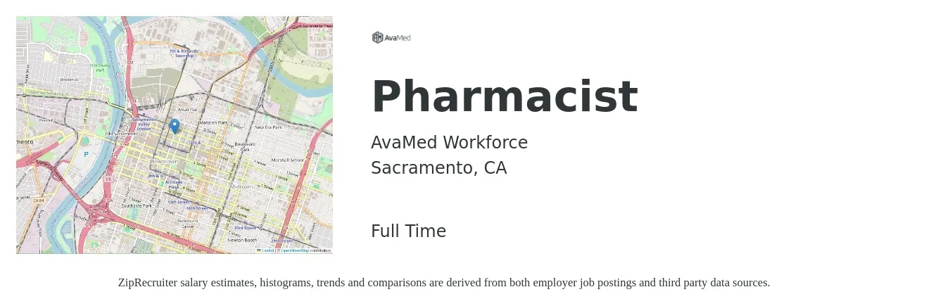 AvaMed Workforce job posting for a Pharmacist in Sacramento, CA with a salary of $65 Hourly with a map of Sacramento location.