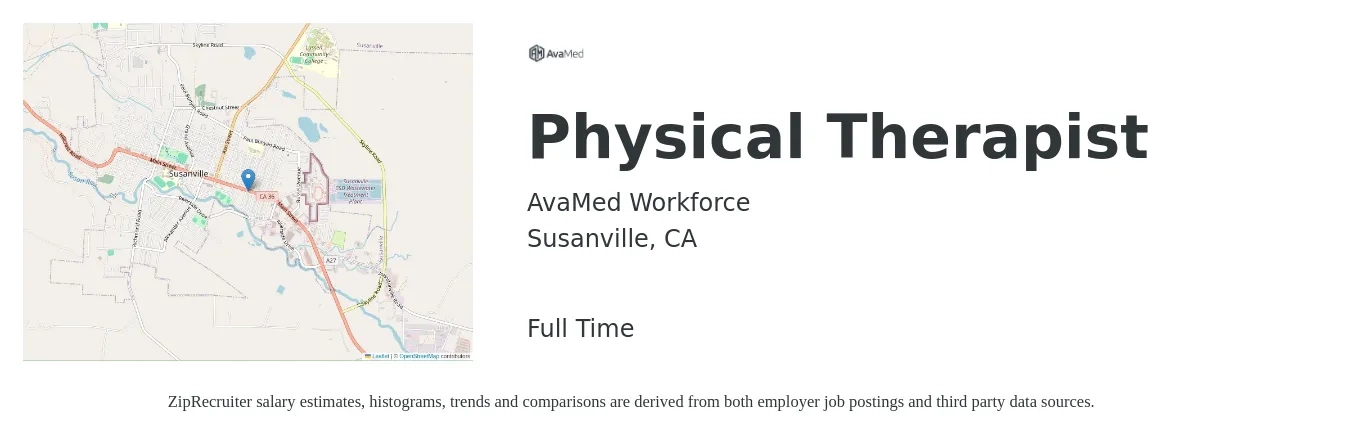 AvaMed Workforce job posting for a Physical Therapist in Susanville, CA with a salary of $85 Hourly with a map of Susanville location.