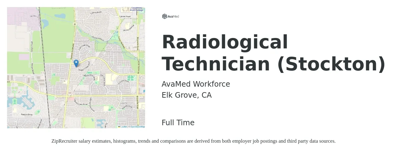 AvaMed Workforce job posting for a Radiological Technician (Stockton) in Elk Grove, CA with a salary of $40 Hourly with a map of Elk Grove location.