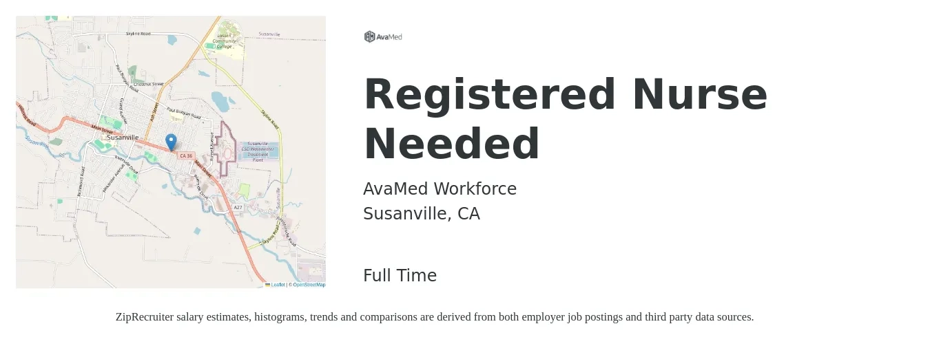 AvaMed Workforce job posting for a Registered Nurse Needed in Susanville, CA with a salary of $82 Hourly with a map of Susanville location.