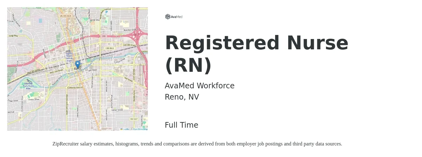 AvaMed Workforce job posting for a Registered Nurse (RN) in Reno, NV with a salary of $80 Hourly with a map of Reno location.