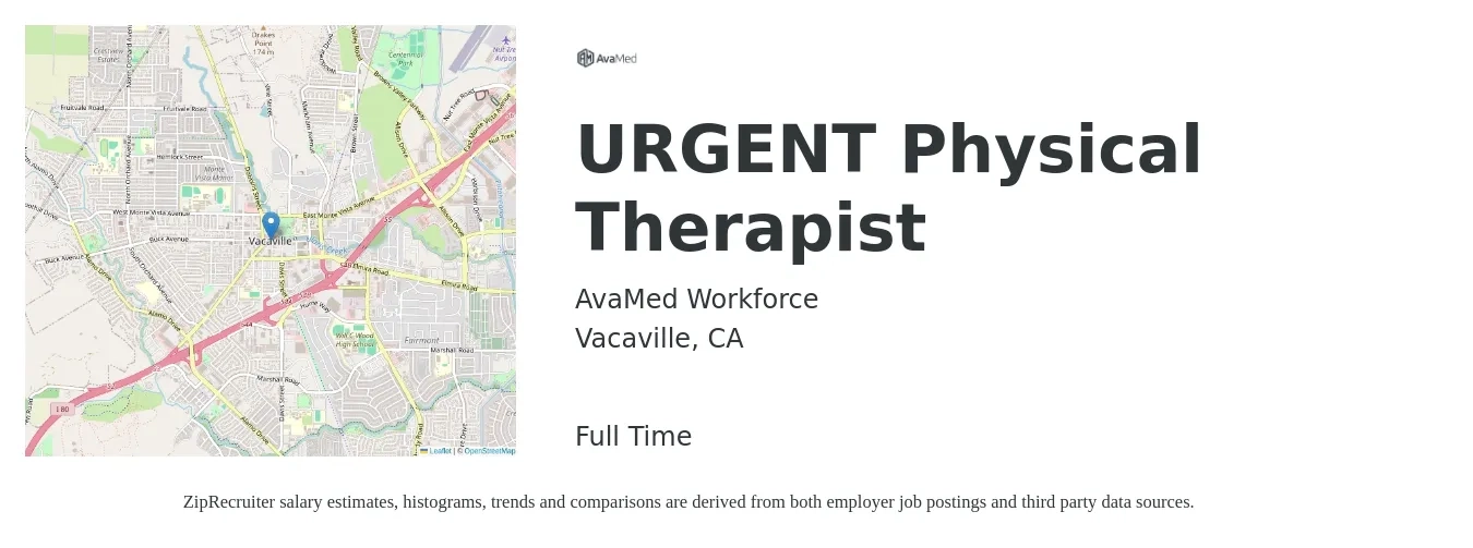 AvaMed Workforce job posting for a URGENT Physical Therapist in Vacaville, CA with a salary of $80 Hourly with a map of Vacaville location.