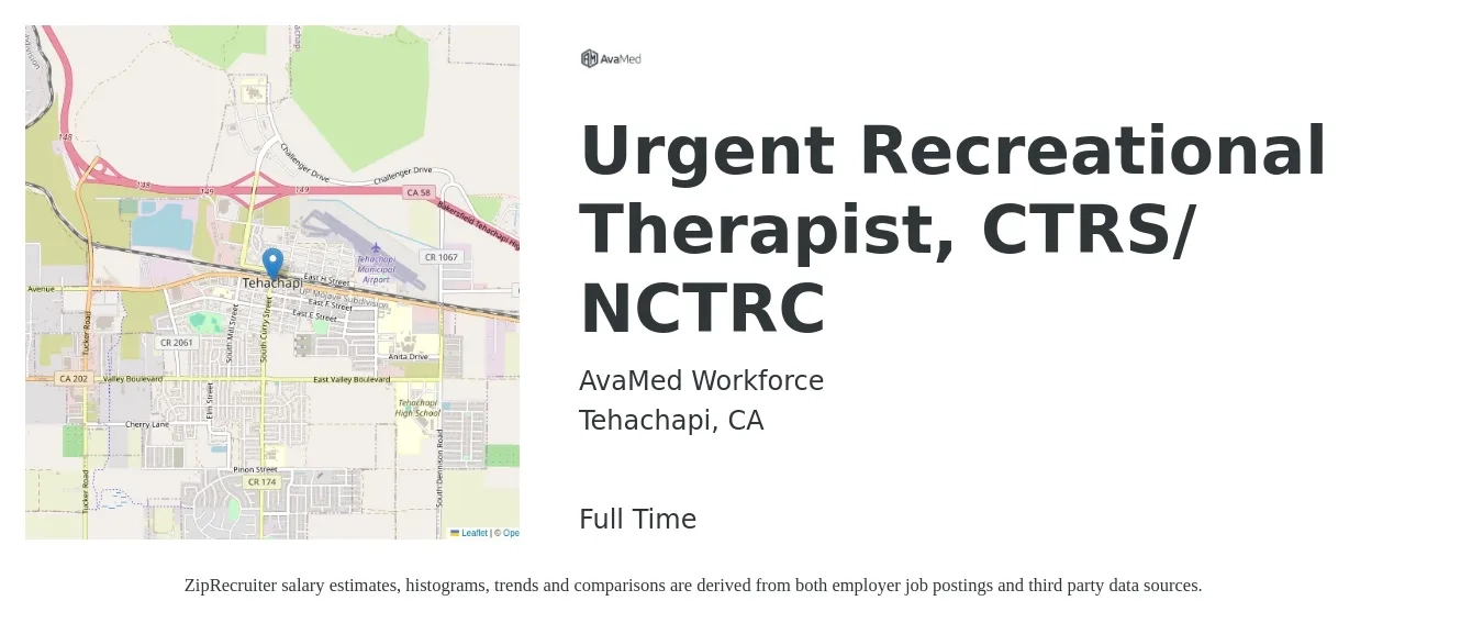 AvaMed Workforce job posting for a Urgent Recreational Therapist, CTRS/ NCTRC in Tehachapi, CA with a salary of $54 Hourly with a map of Tehachapi location.