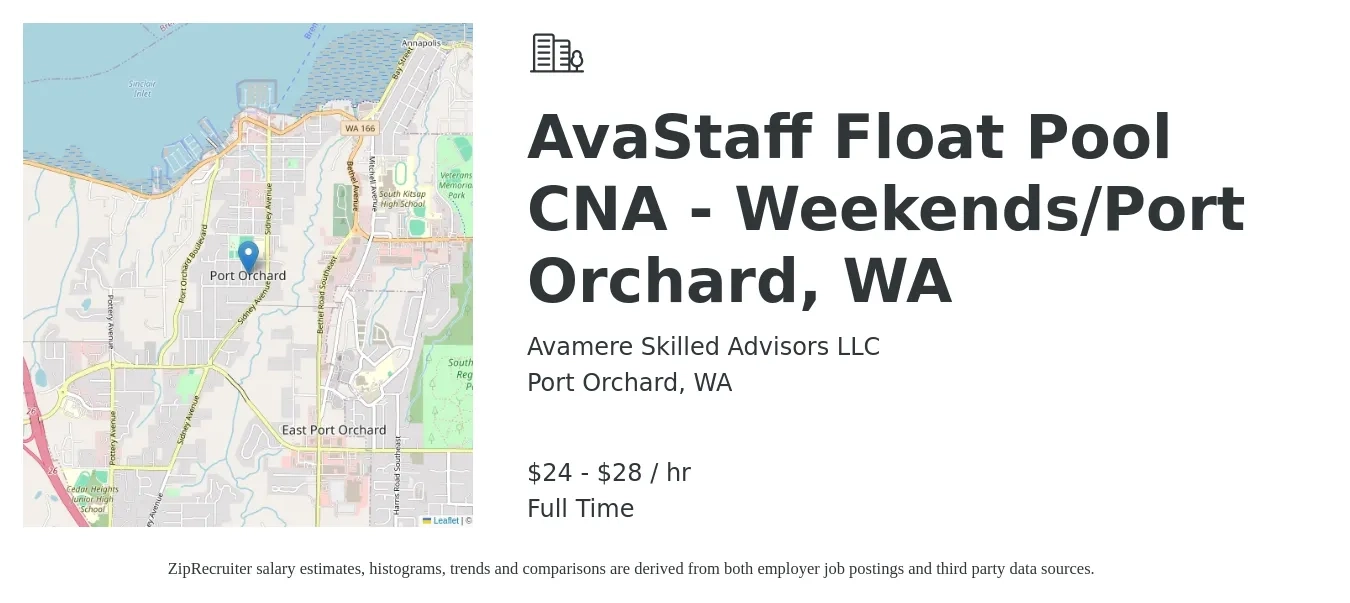 Avamere Skilled Advisors LLC job posting for a AvaStaff Float Pool CNA - Weekends/Port Orchard, WA in Port Orchard, WA with a salary of $25 to $30 Hourly with a map of Port Orchard location.