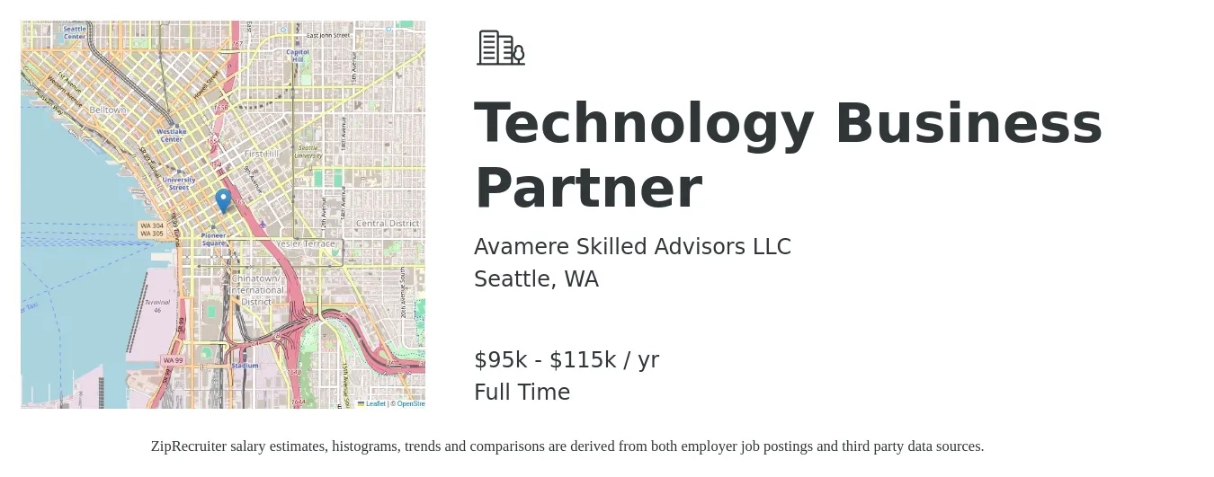 Avamere Skilled Advisors LLC job posting for a Technology Business Partner in Seattle, WA with a salary of $95,000 to $115,000 Yearly with a map of Seattle location.