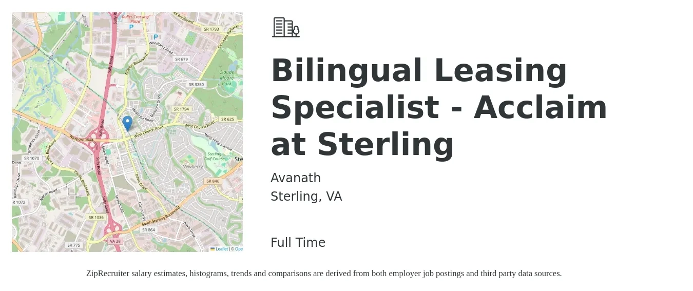 Avanath job posting for a Bilingual Leasing Specialist - Acclaim at Sterling in Sterling, VA with a salary of $16 to $22 Hourly with a map of Sterling location.