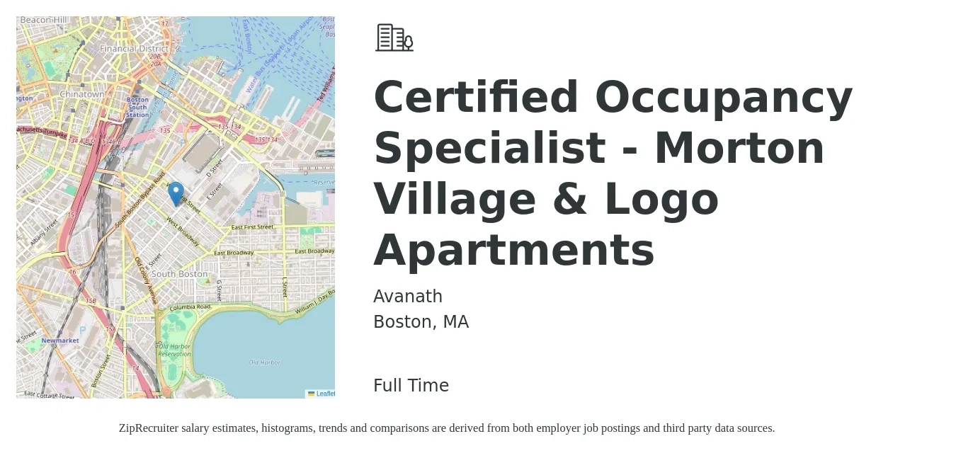 Avanath job posting for a Certified Occupancy Specialist - Morton Village & Logo Apartments in Boston, MA with a salary of $22 to $27 Hourly with a map of Boston location.