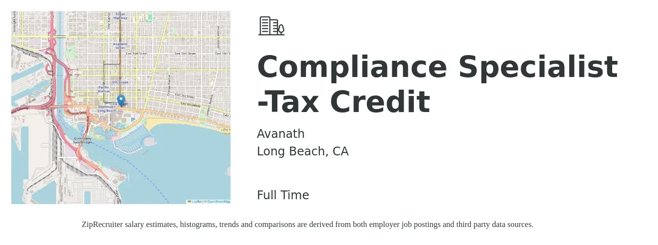 Avanath job posting for a Compliance Specialist -Tax Credit in Long Beach, CA with a salary of $51,000 to $82,500 Yearly with a map of Long Beach location.