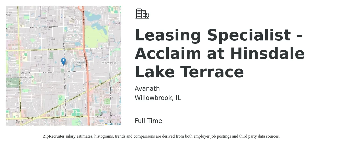 Avanath job posting for a Leasing Specialist - Acclaim at Hinsdale Lake Terrace in Willowbrook, IL with a salary of $16 to $22 Hourly with a map of Willowbrook location.