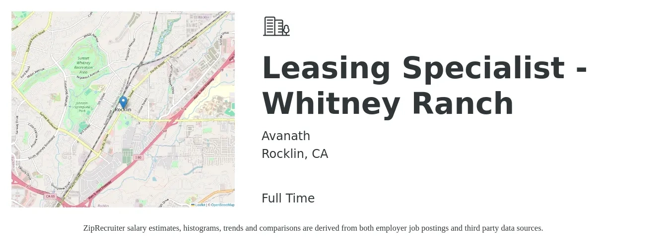 Avanath job posting for a Leasing Specialist - Whitney Ranch in Rocklin, CA with a salary of $18 to $23 Hourly with a map of Rocklin location.