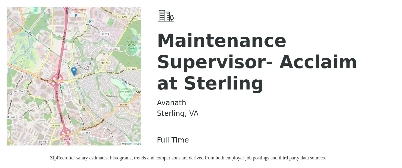 Avanath job posting for a Maintenance Supervisor- Acclaim at Sterling in Sterling, VA with a salary of $24 to $39 Hourly with a map of Sterling location.