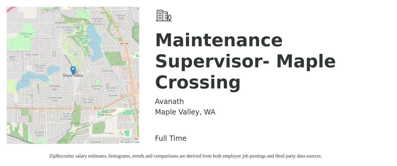 Avanath job posting for a Maintenance Supervisor- Maple Crossing in Maple Valley, WA with a salary of $28 to $46 Hourly with a map of Maple Valley location.