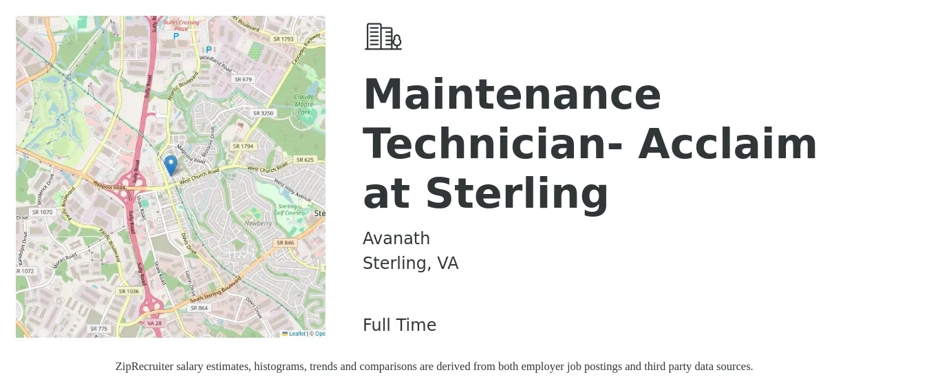 Avanath job posting for a Maintenance Technician- Acclaim at Sterling in Sterling, VA with a salary of $19 to $26 Hourly with a map of Sterling location.