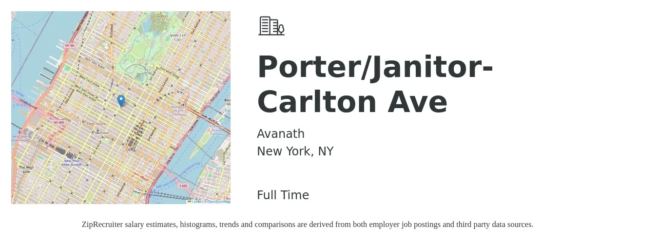 Avanath job posting for a Porter/Janitor- Carlton Ave in New York, NY with a salary of $16 to $20 Hourly with a map of New York location.