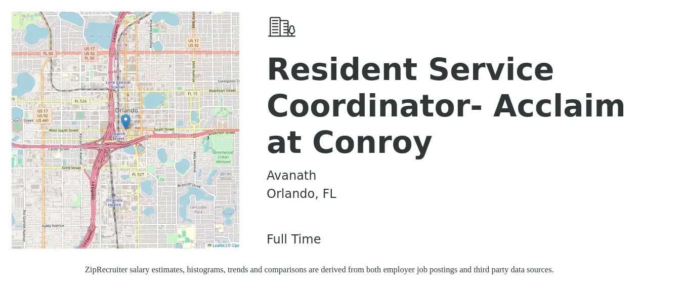 Avanath job posting for a Resident Service Coordinator- Acclaim at Conroy in Orlando, FL with a salary of $18 to $23 Hourly with a map of Orlando location.