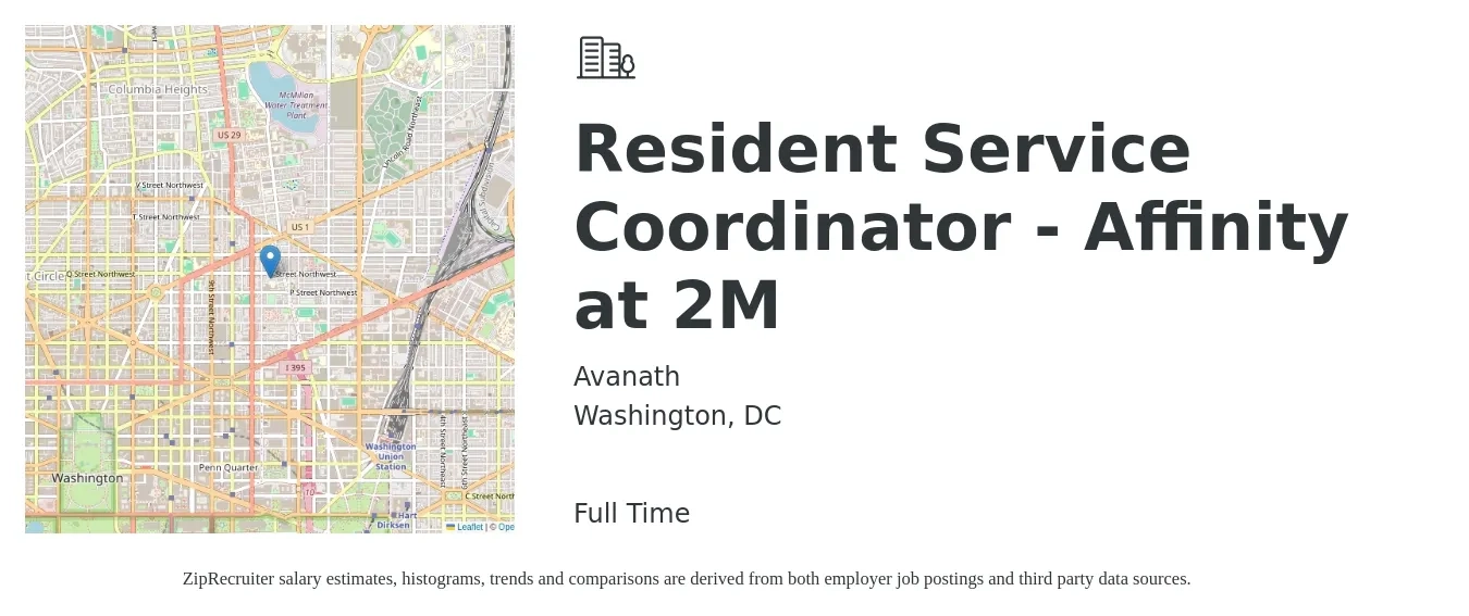 Avanath job posting for a Resident Service Coordinator - Affinity at 2M in Washington, DC with a salary of $22 to $28 Hourly with a map of Washington location.