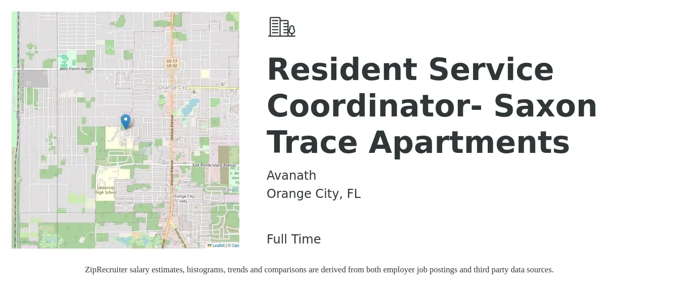 Avanath job posting for a Resident Service Coordinator- Saxon Trace Apartments in Orange City, FL with a salary of $17 to $22 Hourly with a map of Orange City location.