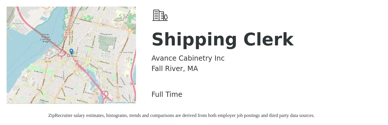 Avance Cabinetry Inc job posting for a Shipping Clerk in Fall River, MA with a salary of $16 to $20 Hourly with a map of Fall River location.
