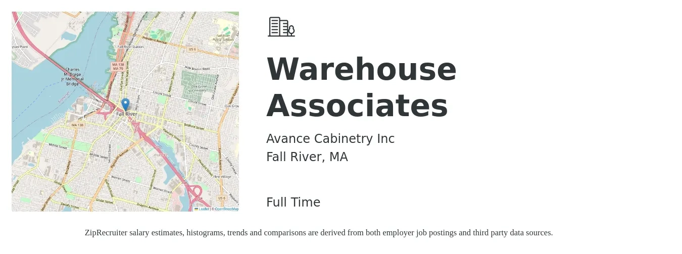 Avance Cabinetry Inc job posting for a Warehouse Associates in Fall River, MA with a salary of $16 to $20 Hourly with a map of Fall River location.