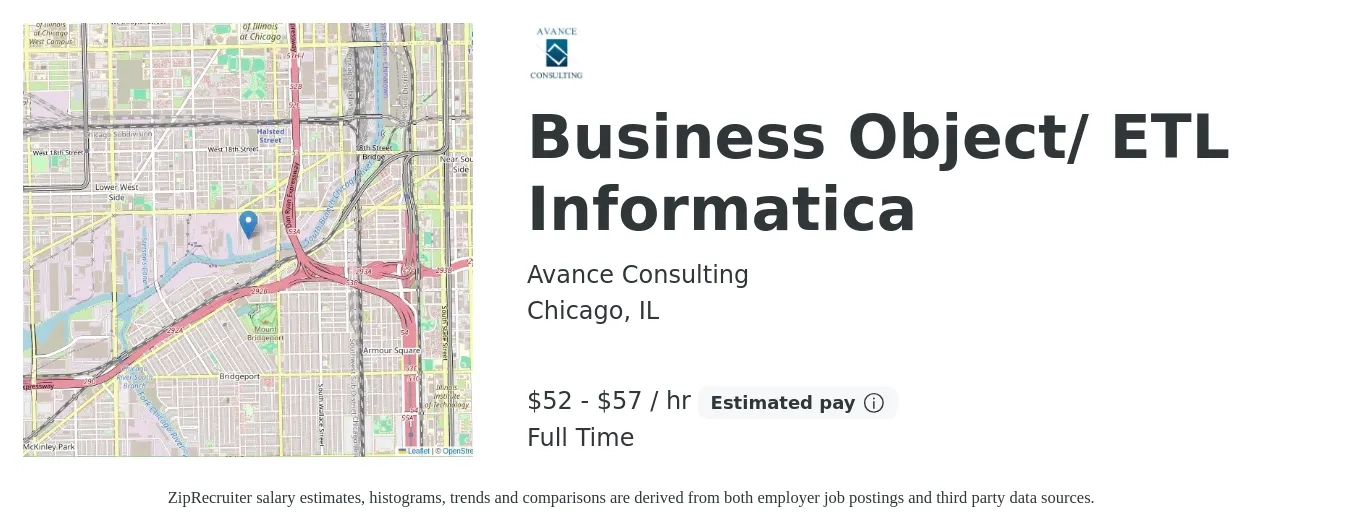 Avance Consulting job posting for a Business Object/ ETL Informatica in Chicago, IL with a salary of $55 to $60 Hourly with a map of Chicago location.
