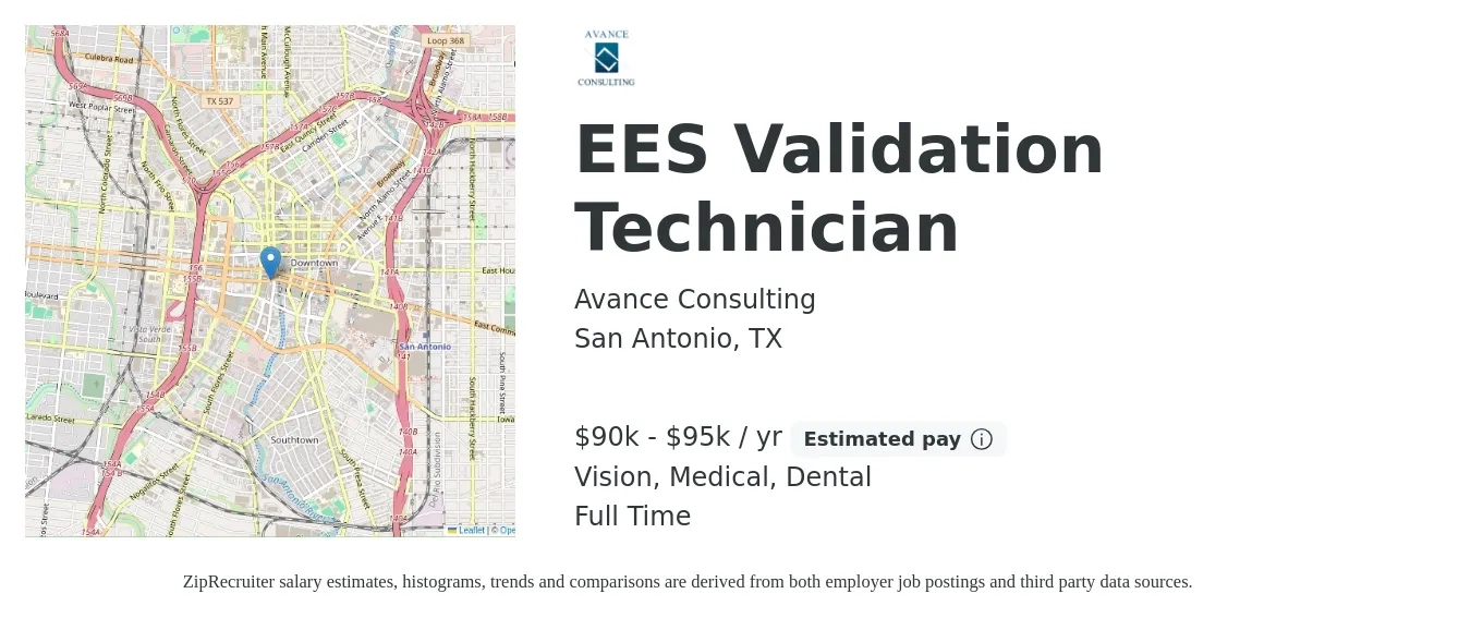 Avance Consulting job posting for a EES Validation Technician in San Antonio, TX with a salary of $35 to $40 Monthly with a map of San Antonio location.