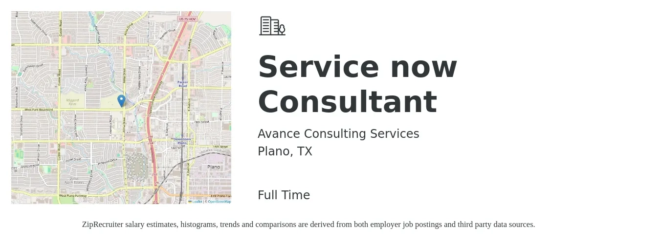 Avance Consulting Services job posting for a Service now Consultant in Plano, TX with a salary of $20 to $66 Hourly with a map of Plano location.