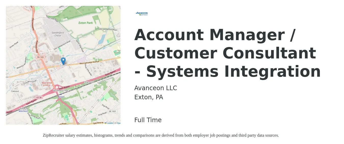 Avanceon LLC job posting for a Account Manager / Customer Consultant - Systems Integration in Exton, PA with a salary of $54,000 to $75,800 Yearly with a map of Exton location.
