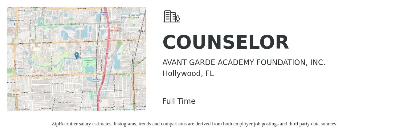 AVANT GARDE ACADEMY FOUNDATION, INC. job posting for a COUNSELOR in Hollywood, FL with a salary of $44,000 to $63,700 Yearly with a map of Hollywood location.