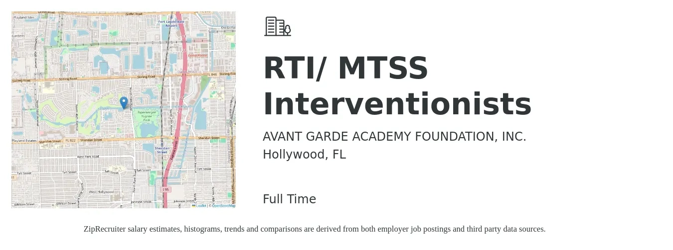 AVANT GARDE ACADEMY FOUNDATION, INC. job posting for a RTI/ MTSS Interventionists in Hollywood, FL with a salary of $38,000 to $52,200 Yearly with a map of Hollywood location.