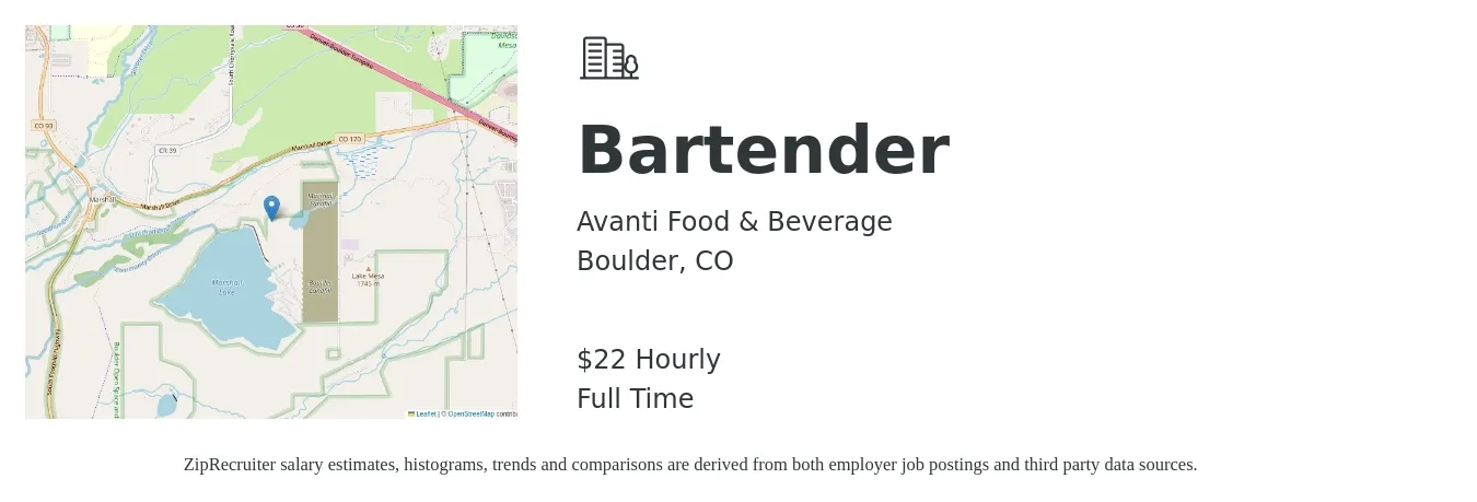 Avanti Food & Beverage job posting for a Bartender in Boulder, CO with a salary of $24 Hourly with a map of Boulder location.