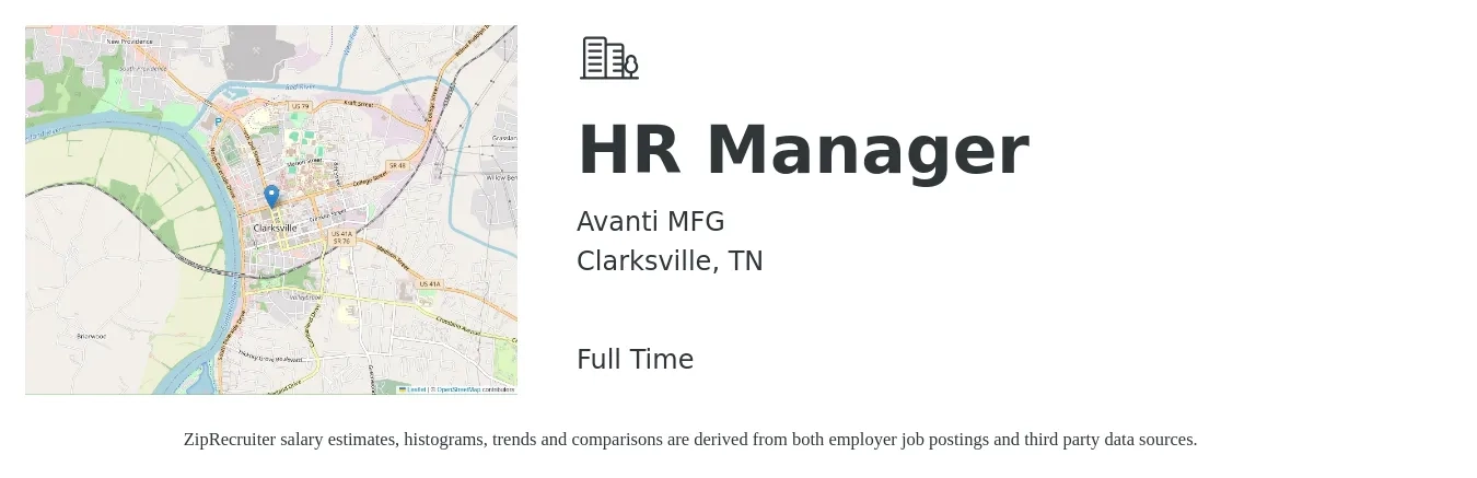 Avanti MFG job posting for a HR Manager in Clarksville, TN with a salary of $60,000 to $86,900 Yearly with a map of Clarksville location.