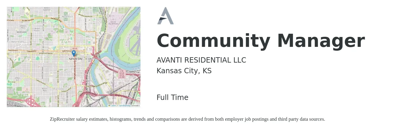 AVANTI RESIDENTIAL LLC job posting for a Community Manager in Kansas City, KS with a salary of $42,900 to $61,200 Yearly with a map of Kansas City location.
