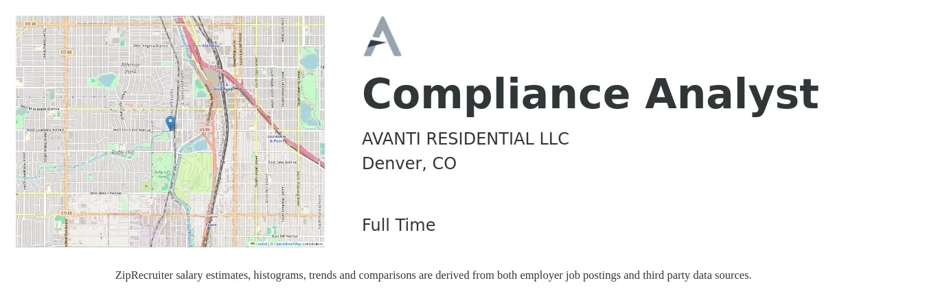 AVANTI RESIDENTIAL LLC job posting for a Compliance Analyst in Denver, CO with a salary of $55,000 to $70,000 Yearly with a map of Denver location.