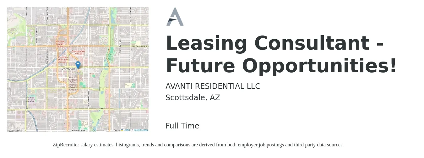 AVANTI RESIDENTIAL LLC job posting for a Leasing Consultant - Future Opportunities! in Scottsdale, AZ with a salary of $17 to $20 Hourly with a map of Scottsdale location.