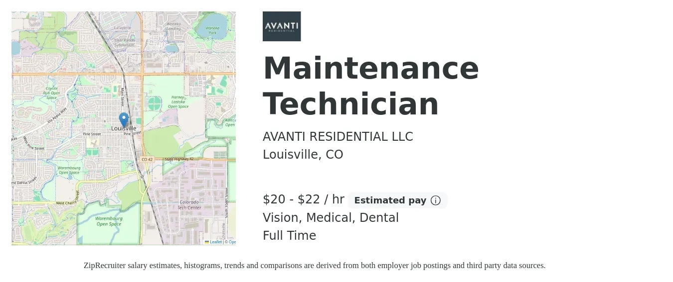 Avanti Residential job posting for a Maintenance Technician in Louisville, CO with a salary of $21 to $23 Hourly (plus commission) and benefits including life_insurance, medical, pto, retirement, vision, and dental with a map of Louisville location.