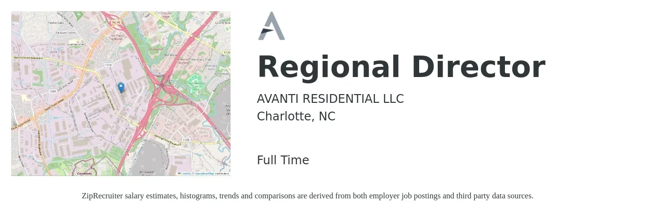 AVANTI RESIDENTIAL LLC job posting for a Regional Director in Charlotte, NC with a salary of $66,400 to $112,300 Yearly with a map of Charlotte location.