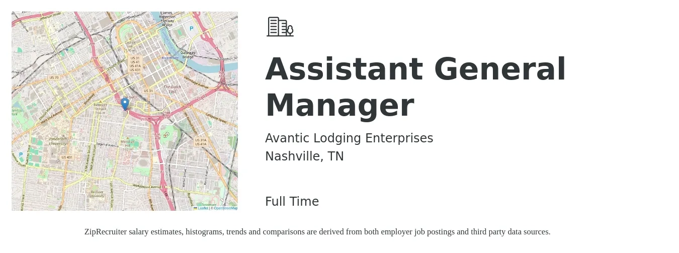 Avantic Lodging Enterprises job posting for a Assistant General Manager in Nashville, TN with a salary of $16 to $24 Hourly with a map of Nashville location.