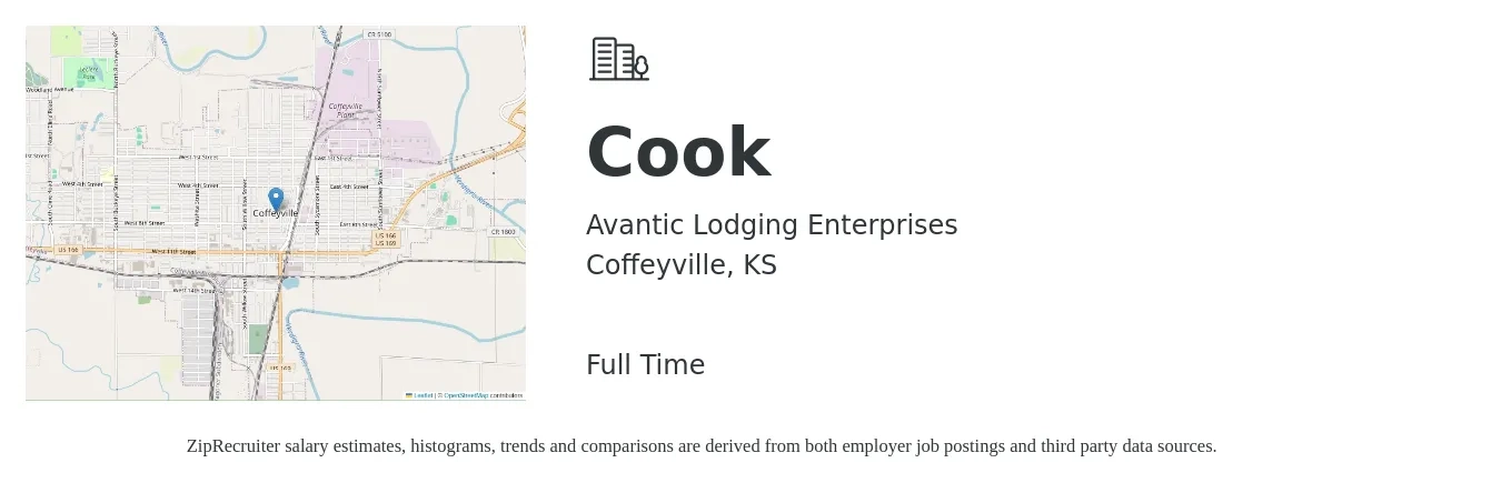 Avantic Lodging Enterprises job posting for a Cook in Coffeyville, KS with a salary of $12 to $16 Hourly with a map of Coffeyville location.