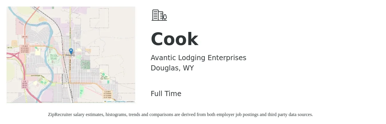 Avantic Lodging Enterprises job posting for a Cook in Douglas, WY with a salary of $13 to $17 Hourly with a map of Douglas location.