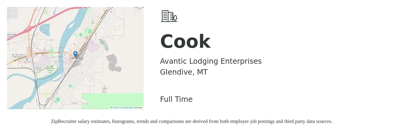 Avantic Lodging Enterprises job posting for a Cook in Glendive, MT with a salary of $14 to $18 Hourly with a map of Glendive location.