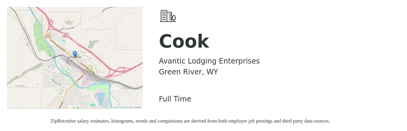 Avantic Lodging Enterprises job posting for a Cook in Green River, WY with a salary of $15 to $20 Hourly with a map of Green River location.