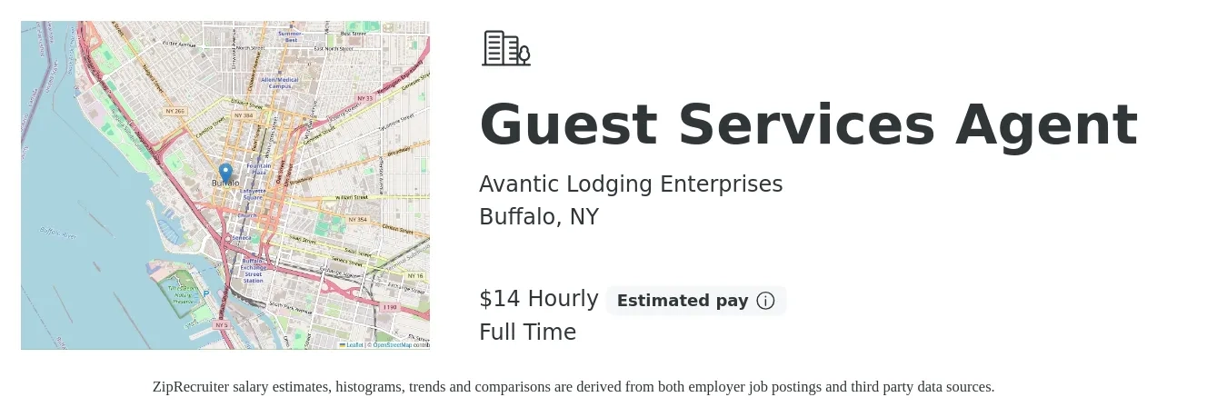 Avantic Lodging Enterprises job posting for a Guest Services Agent in Buffalo, NY with a salary of $15 Hourly with a map of Buffalo location.