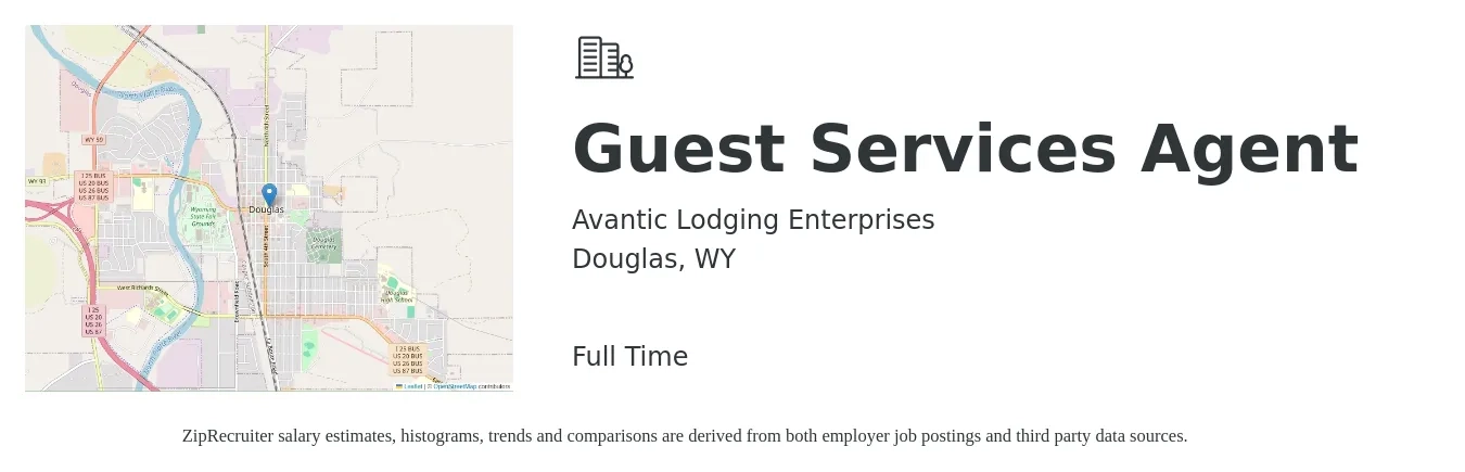 Avantic Lodging Enterprises job posting for a Guest Services Agent in Douglas, WY with a salary of $14 to $17 Hourly with a map of Douglas location.