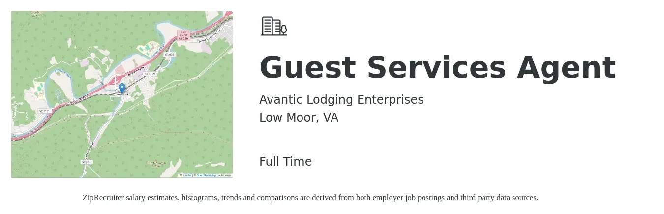 Avantic Lodging Enterprises job posting for a Guest Services Agent in Low Moor, VA with a salary of $13 to $16 Hourly with a map of Low Moor location.